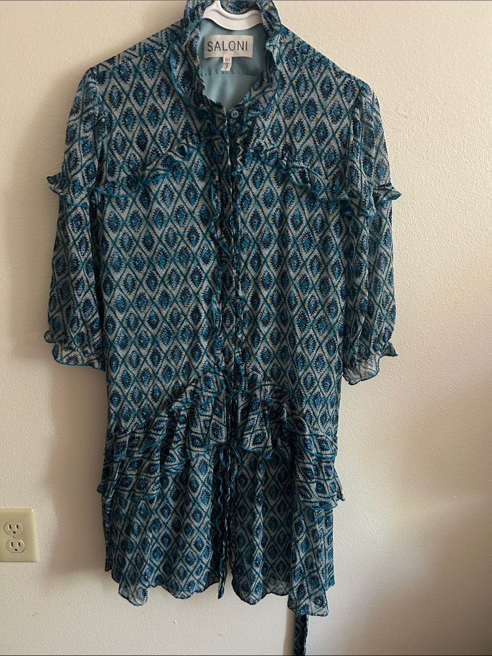 SALONI Tilly 2 Blue Silk Geometric Ruffled Cottagecore Mini Dress